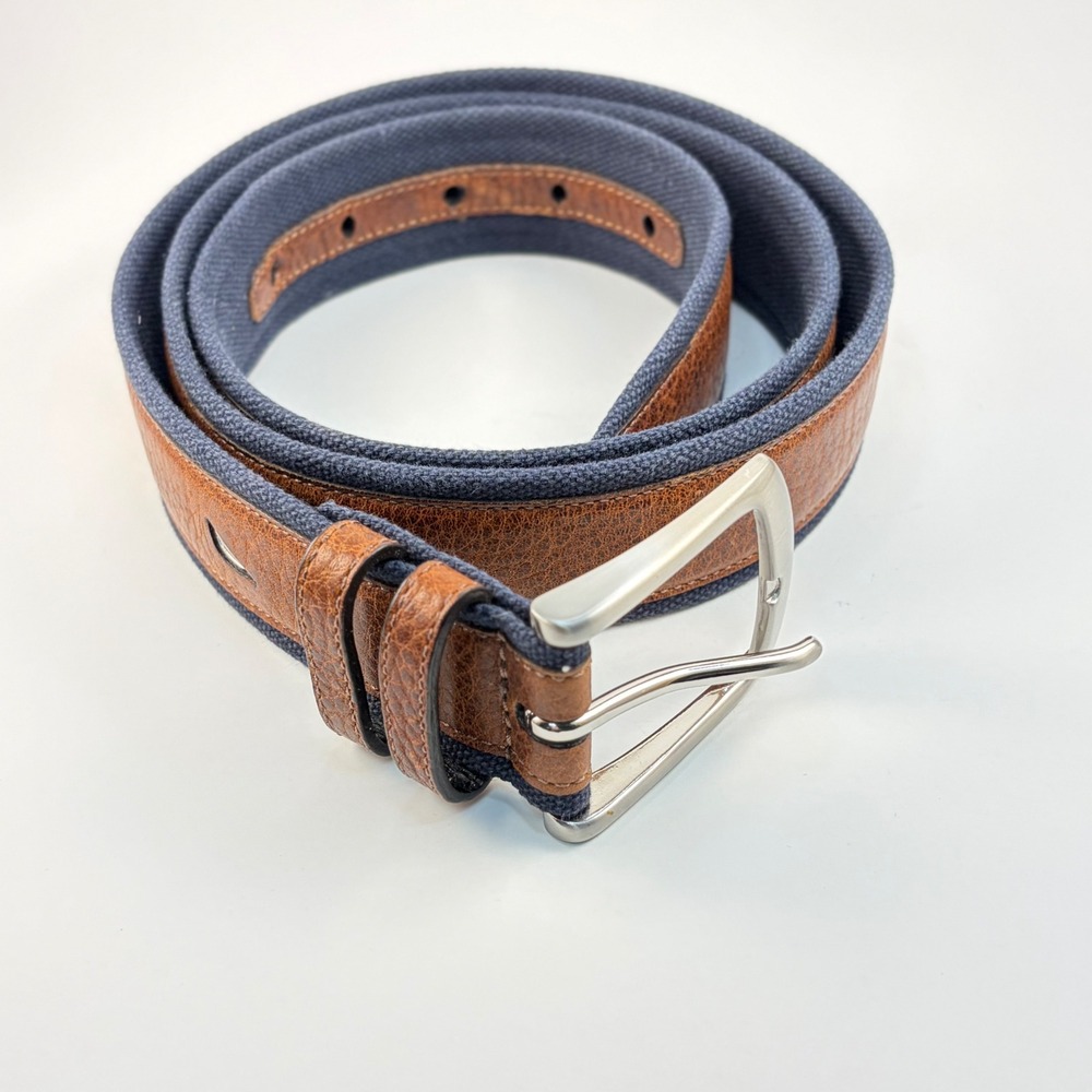 Nautica Men's Leather Canvas Belt Size‎ 40 Blue Fabric Brown Pebble Grain